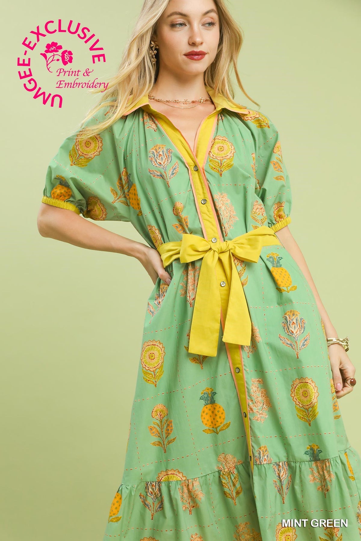 Umgee Green Floral Button-front Midi Dress