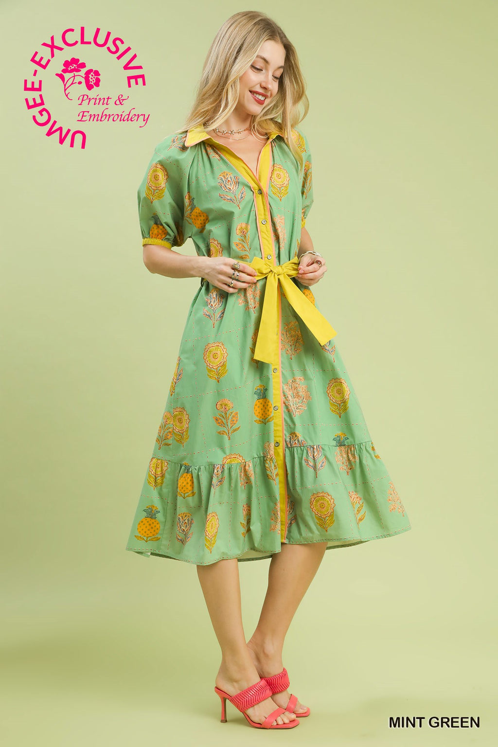 Umgee Green Floral Button-front Midi Dress