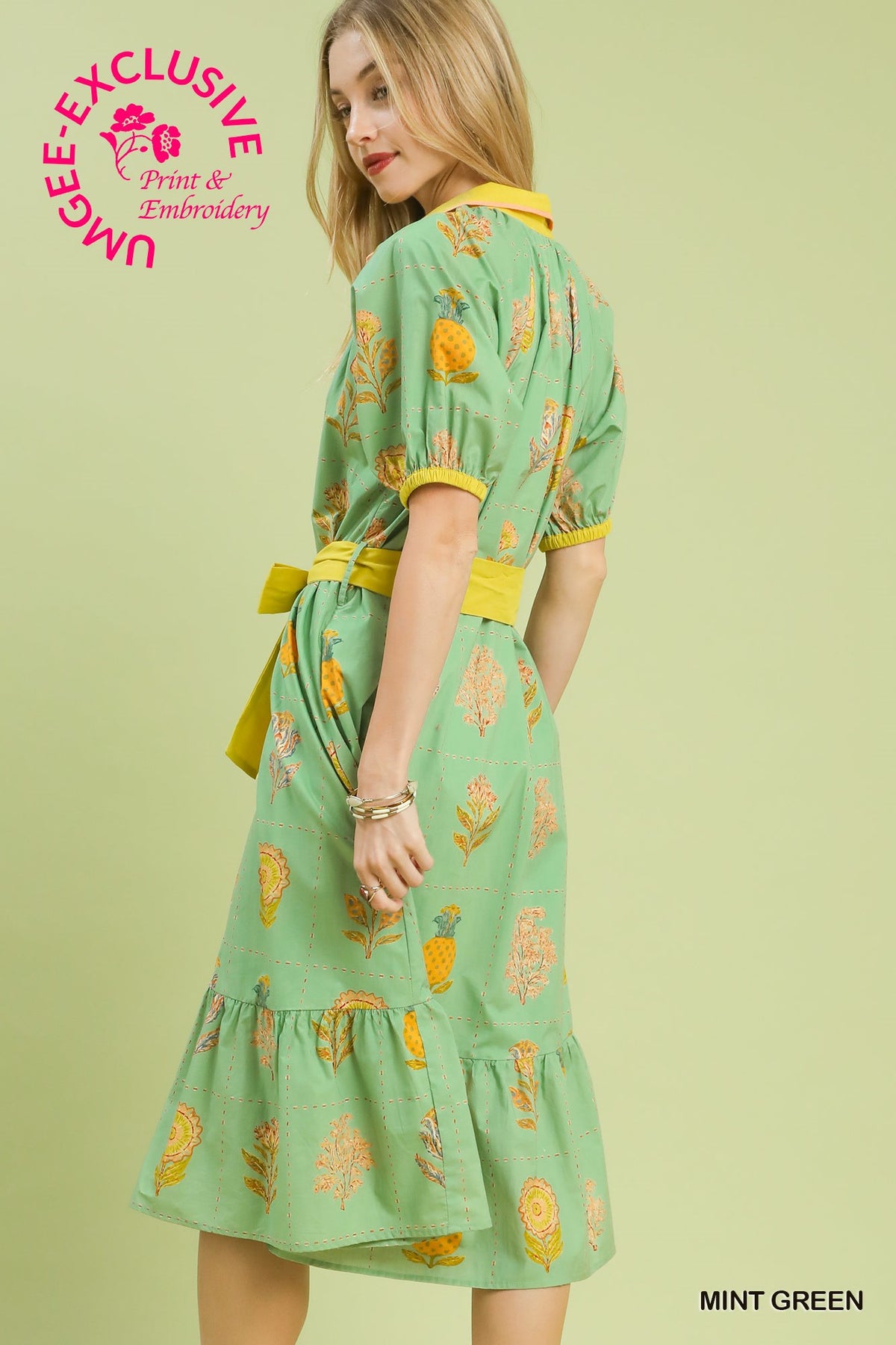 Umgee Green Floral Button-front Midi Dress