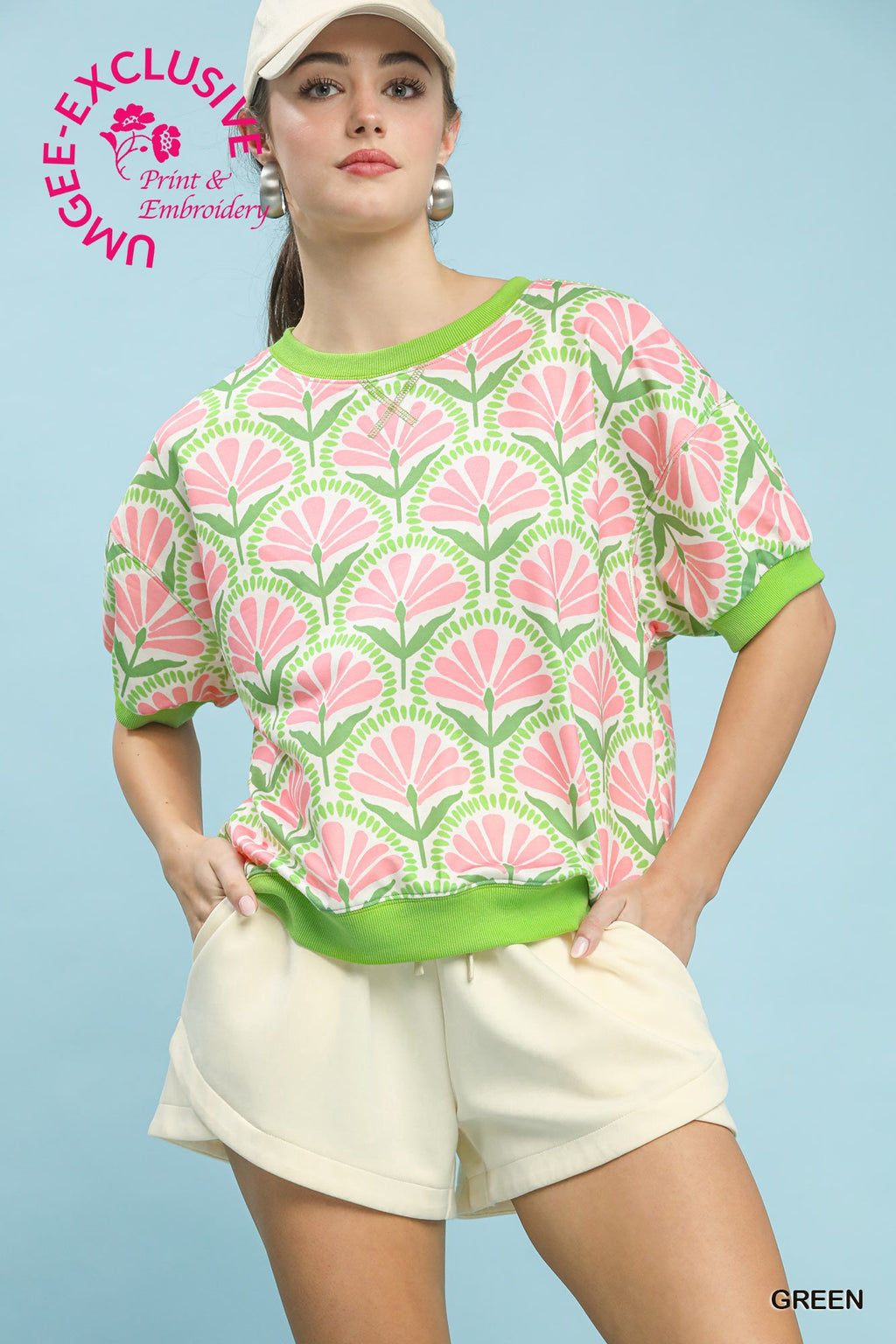 Umgee short sleeve pink and green top