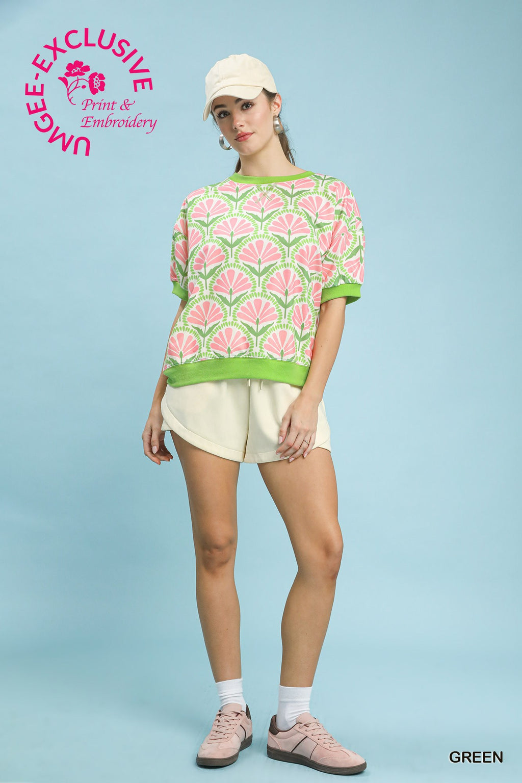 Umgee short sleeve pink and green top