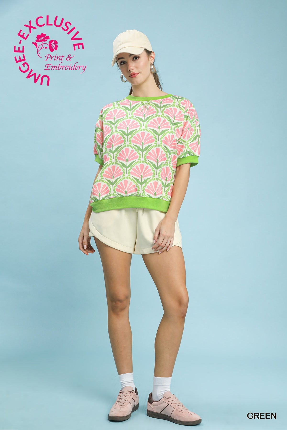 Umgee short sleeve pink and green top