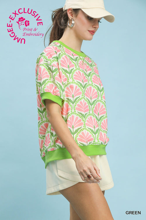 Umgee short sleeve pink and green top
